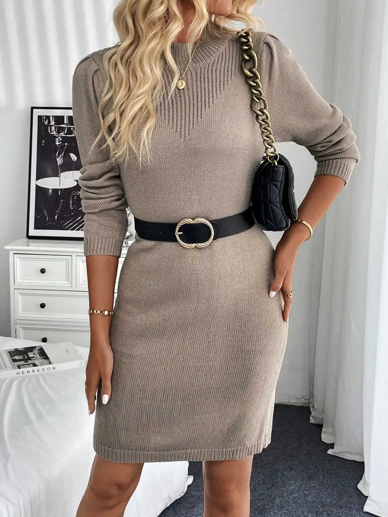 Autumn and winter standing collar long sleeved new knitted dress J251105