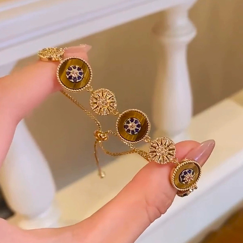 18K Real Gold Plated Tiger Eye Stone Zircon Bracelet Vintage Light Luxury Niche Bangle Elegant High-end Feel Jewelry Wholesale