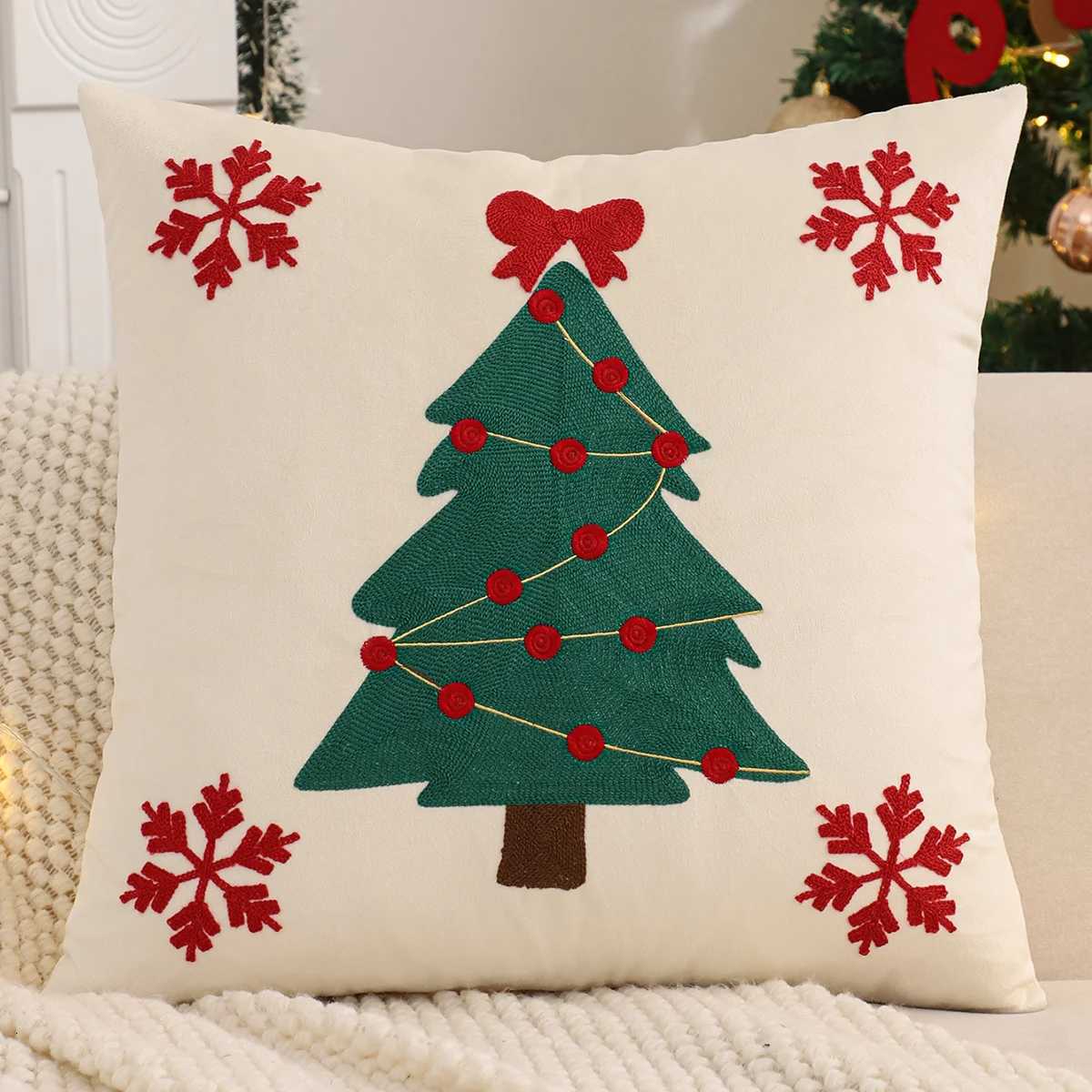 Embroidery Throw Pillow Cover Christmas Decoration Velvet Soft Christmas Tree Cherry Winter Farmhouse Home Sofa Living Room Y251105