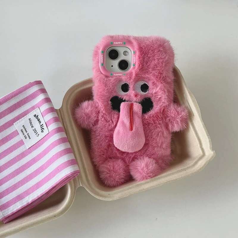 INS Couple Fur Monster Kiss Tongue Case For iPhone 16 15 14 13 12 11 Pro Max Korea Cute Cartoon Gift Anti-Drop Soft Back Cover
