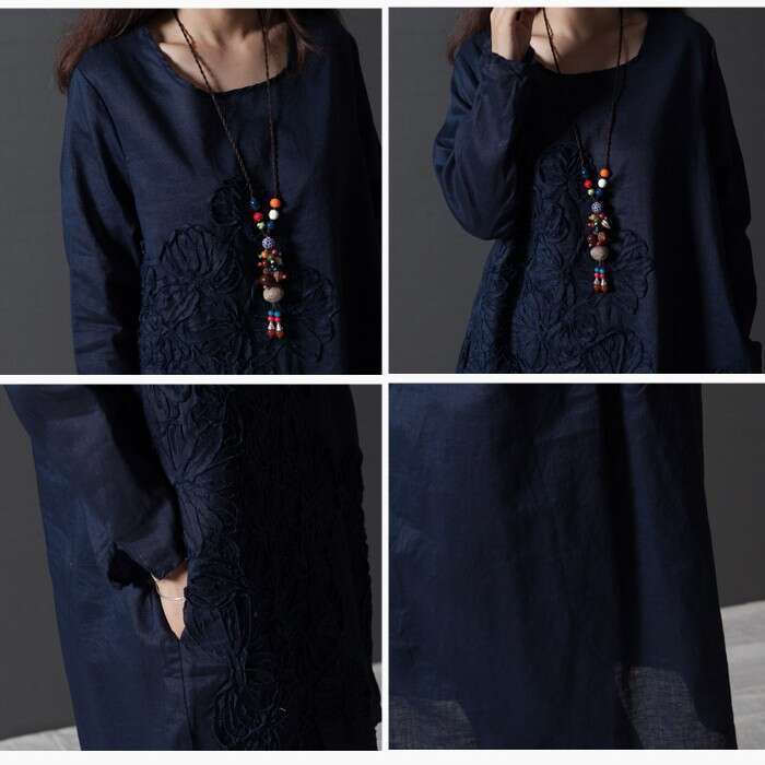 Plus Size Women's Clothing Artistic Style Fresh Loose Embroidered Long Sleeve Cotton Linen Dress Trendy B5