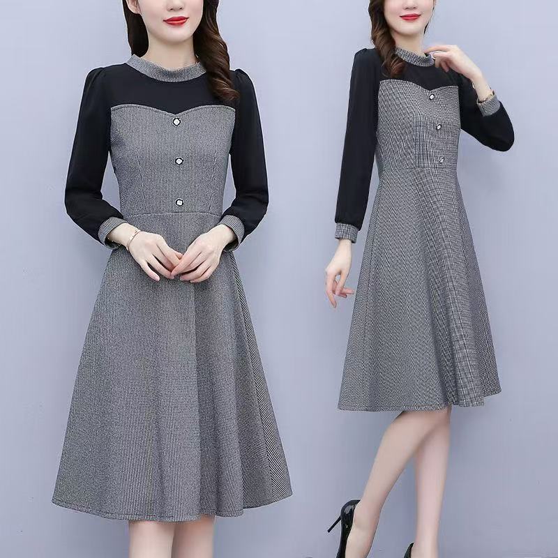 plus size women's new long sleeve high waist printed banquet dress mid-length skirt D02795