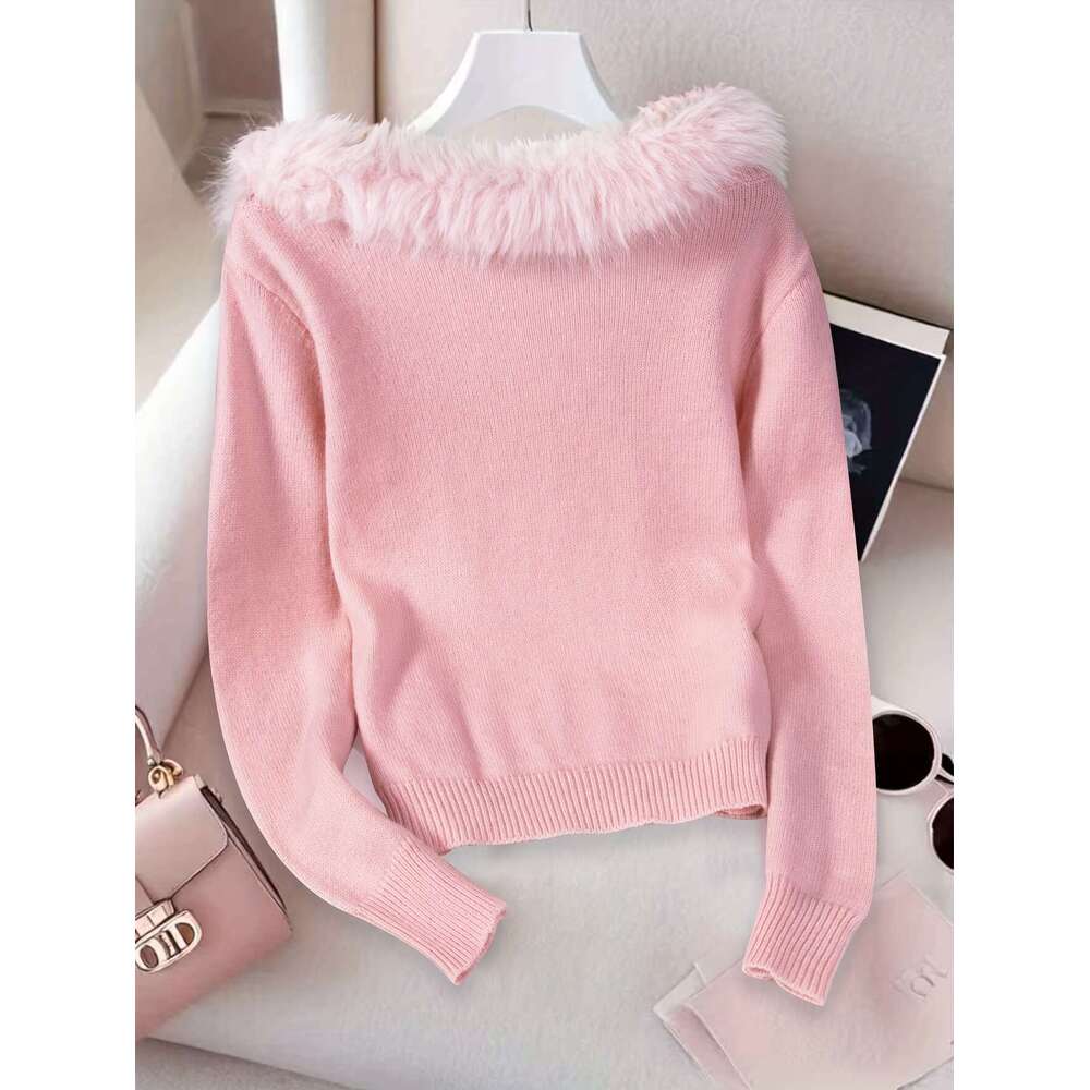 Women's French-Inspired Elegant Off-The-Shoulder Sweater With Faux Fur Trim - Soft Pink Long Sleeve Top, Medium Stretch For All-Season Casual & F