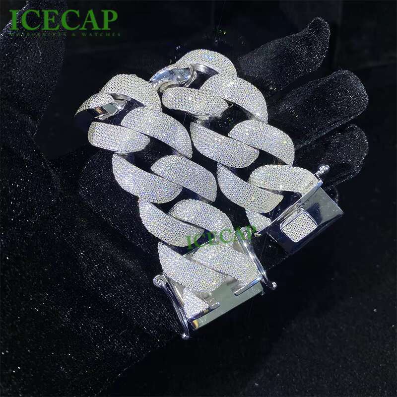 Hot 925 Silver Bracelet VVS Moissanite Cuban Chain Bangle 3 Rows Diamond Miami Cuban Link Chain for Men