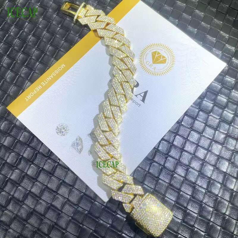 Ice 20MM Full VVS Moissanite Hiphop Cuban Link Chain 925 Sterling Silver Solid 18K Gold Plated Miami Cuban Chain Bracelet