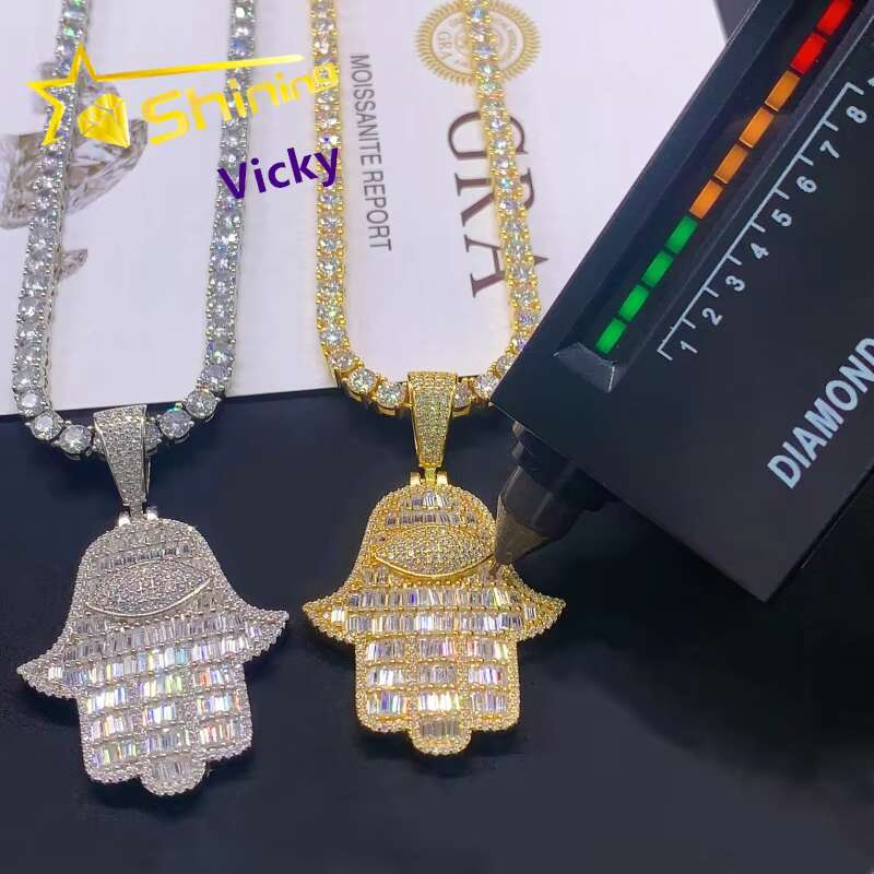 Shining Jewelry Ready to Ship 925 Sterling Silver Hip Hop Iced Out Vvs Moissanite Hamsa Pendant Necklace