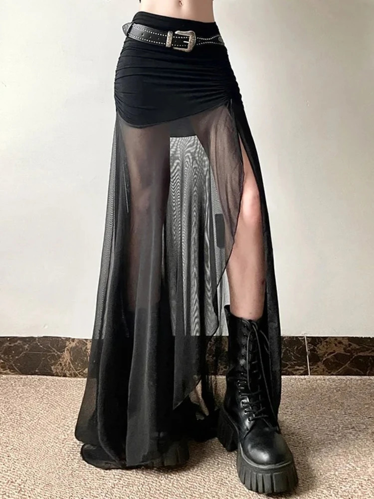 Vintage Dark Gothic High Waist Mesh Patchwrok Mid Skirts Y2K Sexy Hem Split Ruched Bodycon Skirts E- Y2K Streetwear 250402