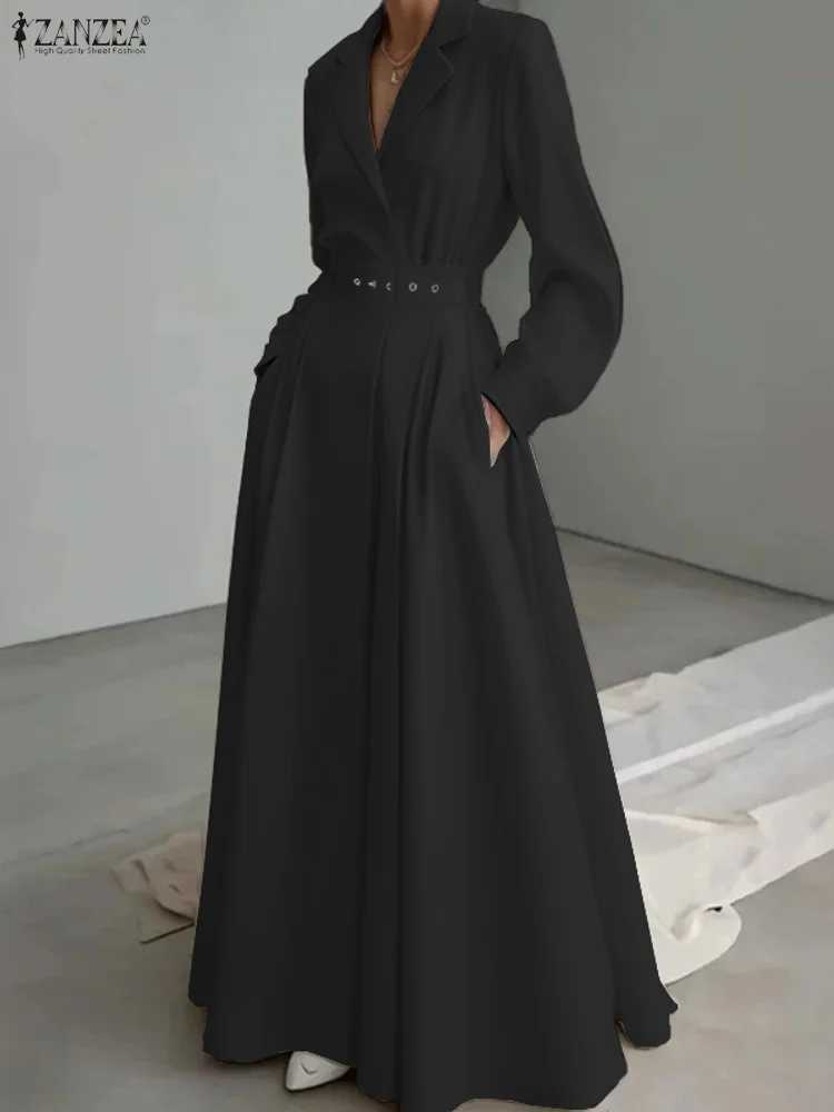 Women Autumn OL Work Dress ZANZEA 2025 Elegant Lapel Long Sleeve Office Dresses Solid Belted Robe Stylish A Line Party Vestidos J251105