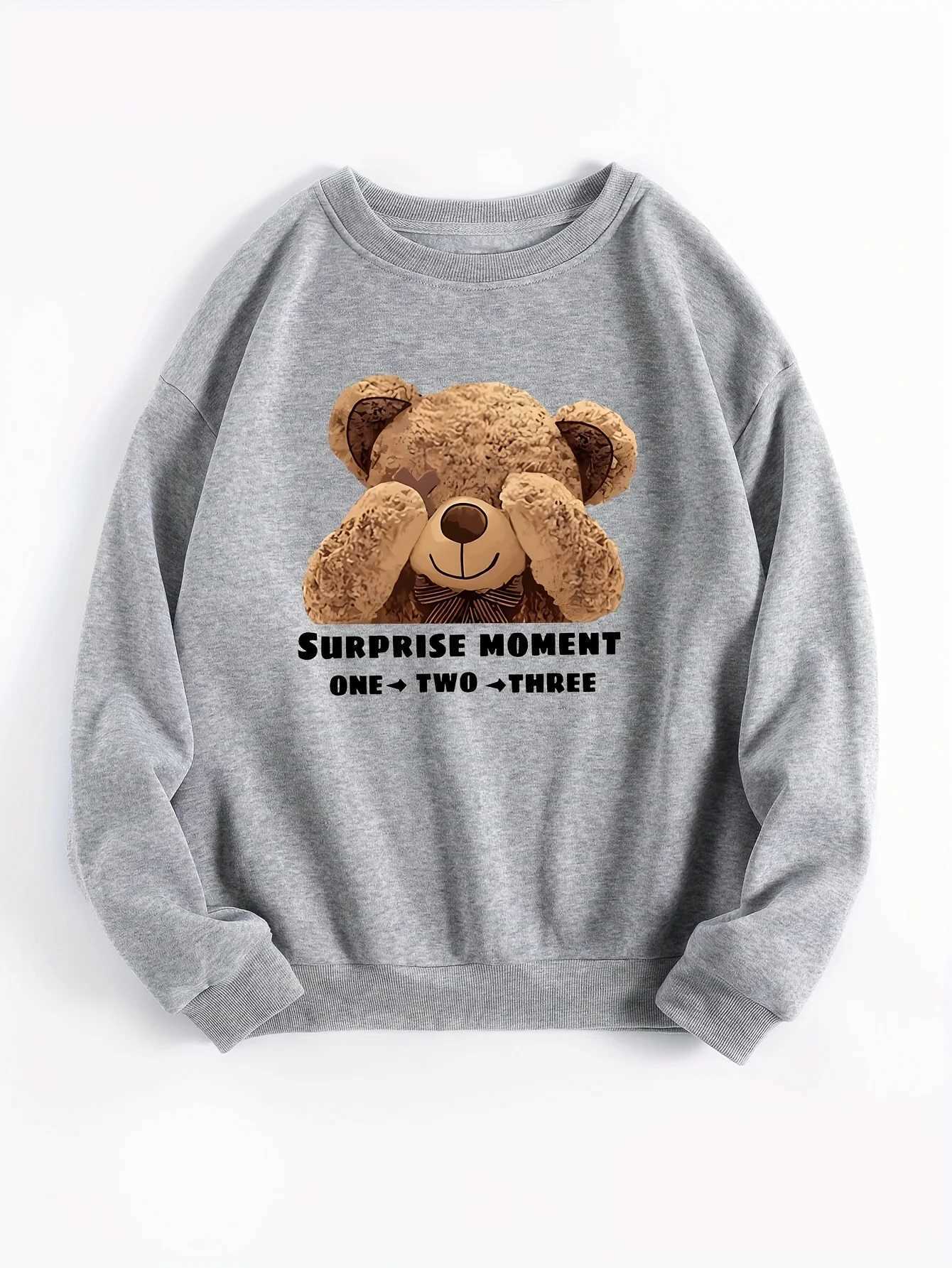 Womens autumn and winter loose casual comfortable cartoon bear printed thick round neck pullover sweaterT251105