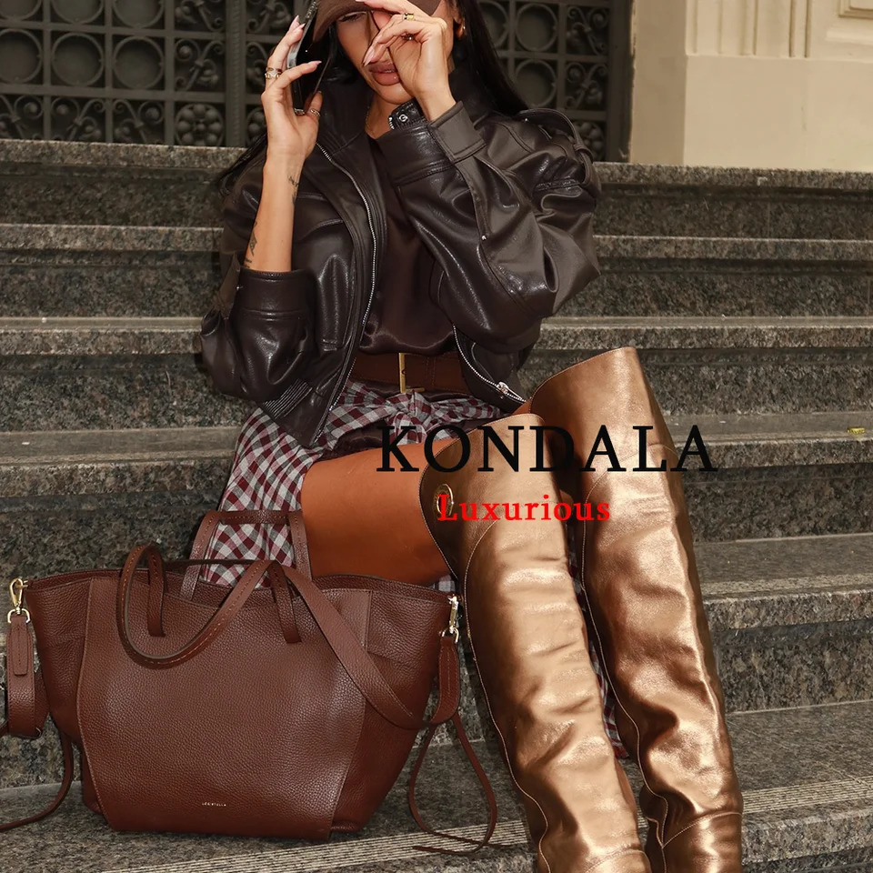 KONDALA Streetwear Chic Brown Leather Jackets Women Long Sleeve Pockets Elastic Coats Fashion Autumn Winter Y2K Outwears 251104