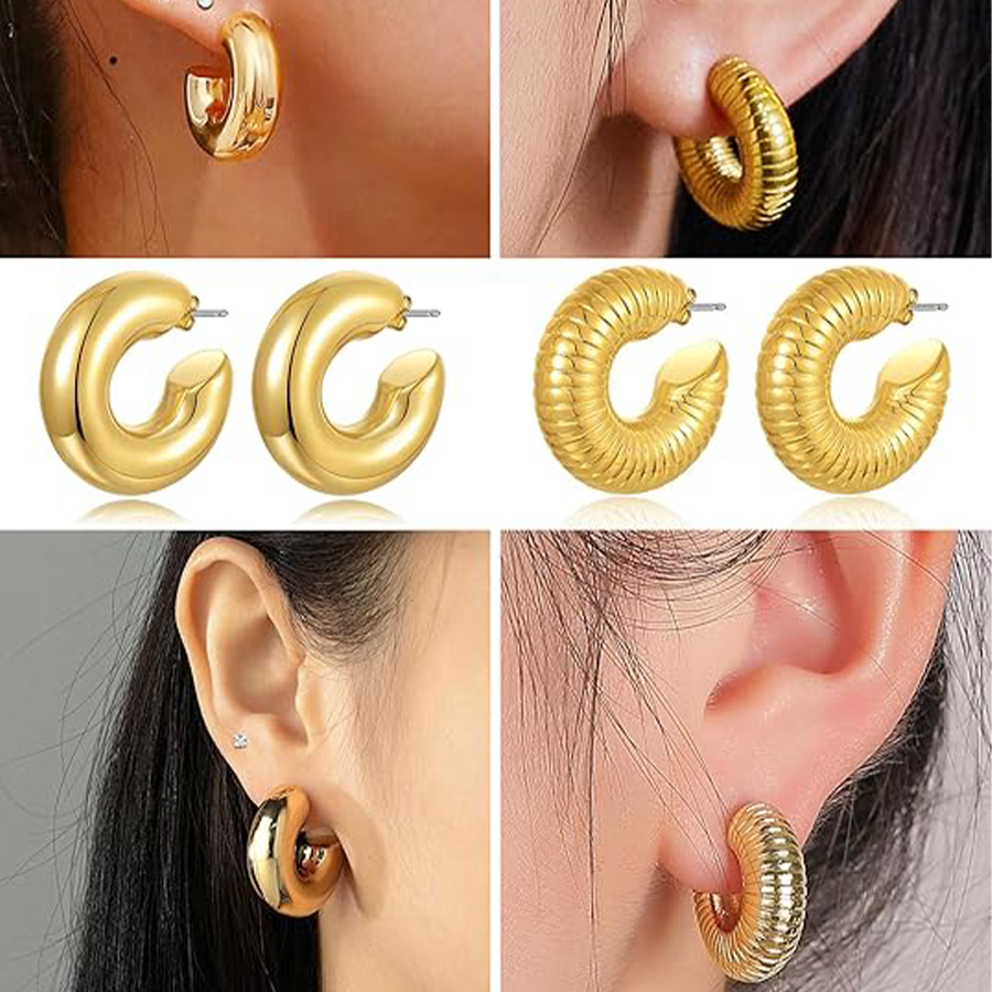 8 Pairs Chunky Hoop Earrings Sets for Women Lightweight Twist CZ Open Huggie Hoops Minimalist Thick Cartilage Hollow Earring Piercing Jewelry Gift Gol