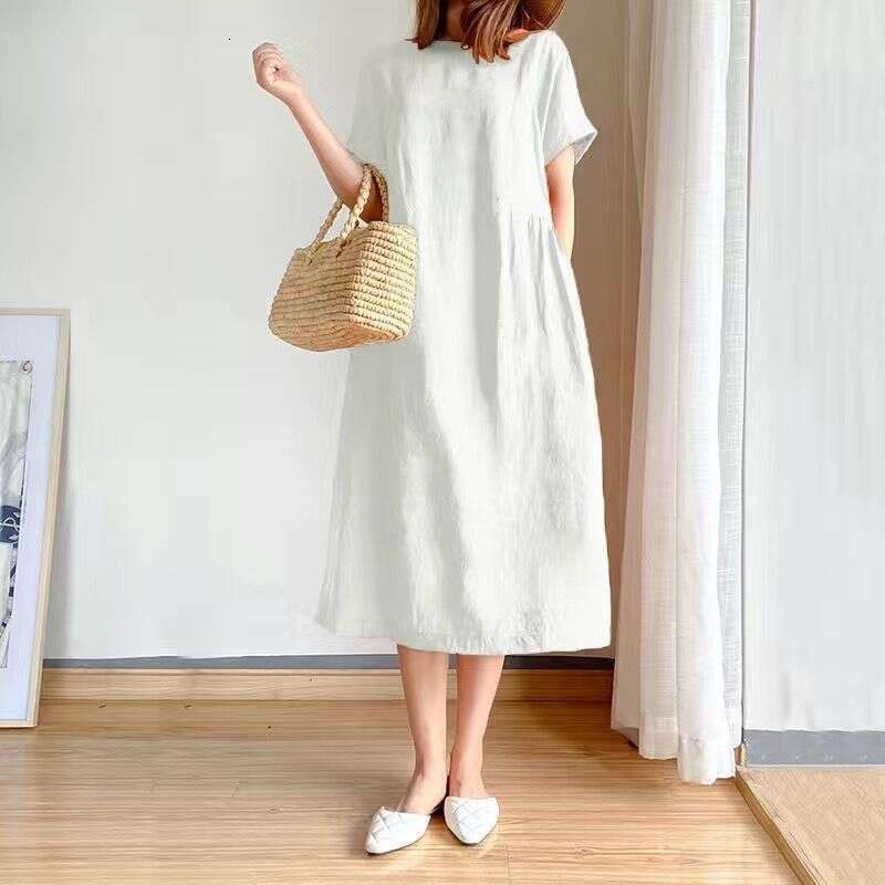 Japanese And Korean Simple Artistic Style Loose Slimming For Women Summer New Plus Size Fat MM Mid-Length Dress B5