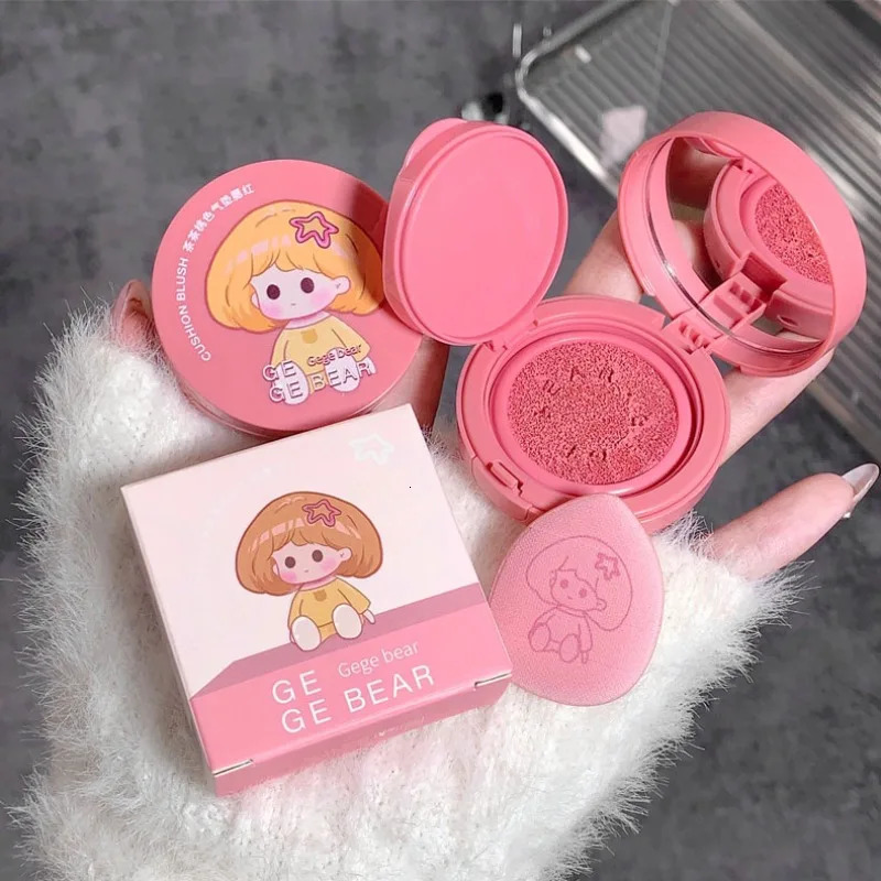 Girls air cushion powder blusher cream strawberry pink face natural matte cheek coloring rouge contour mouse and sponge puff 250325