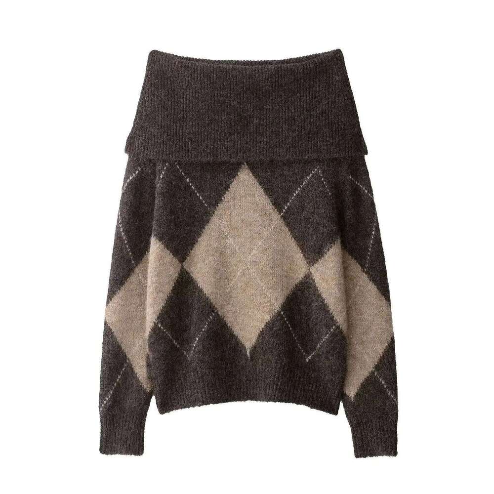 Woman's Argyle Knitted Pullover Sexy One-Shoulder Long Sleeved Slim Fit Casual Cropped Sweater Early Autumn New Female Top Women Sweater Designer