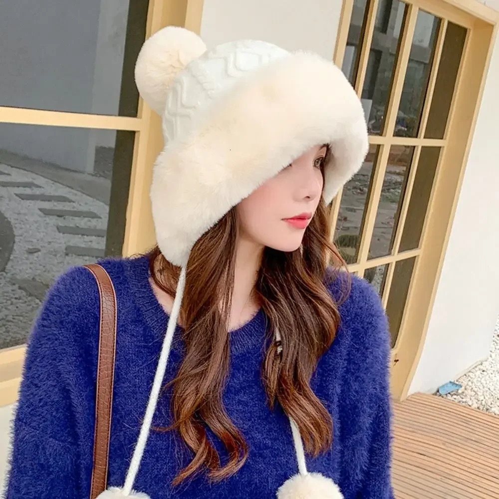 Fashion Faux Fur Knitted Bobble Beanie Hat Cute Pom Ball Cossack Skiing Furry Cap Winter Thicken Warm Coldproof 251030