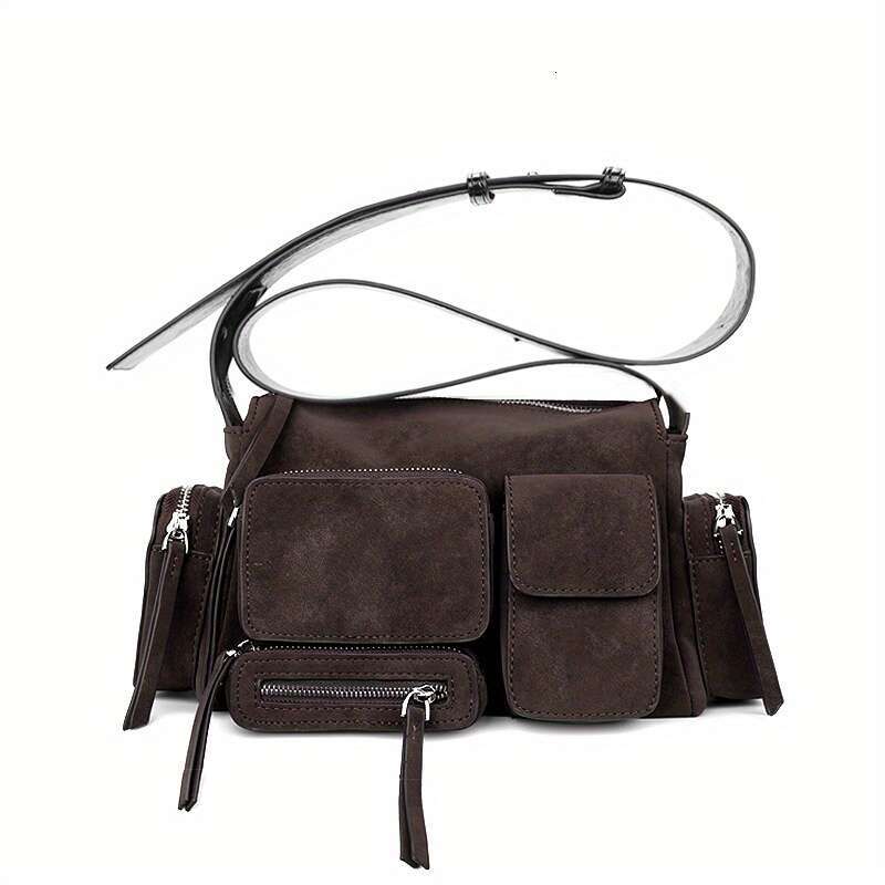 Women Spicy Motorcycle Retro Frosted Suede PU Handbag, Coffee Brown, Large Capacity Multi Pocket Shoulder With Adjustable Strap, Ideal For Work