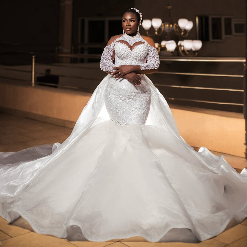 2026 Luxurious Mermaid Wedding Dress For Bride Bridal Gowns Pearls High Neck Detachable Train Appliqued Beaded Lace Crystals Wedding Gowns for Black W