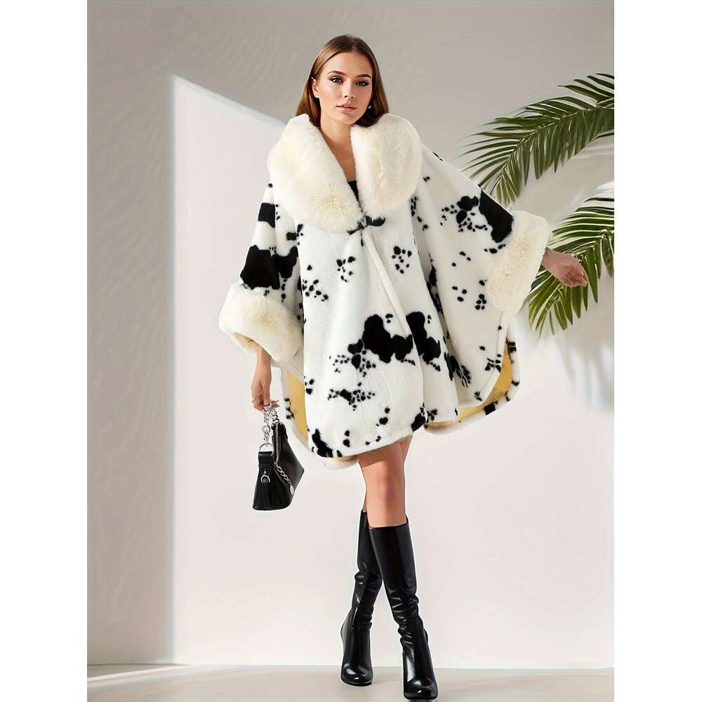 Autumn And Winter Thickened Cow Zebra Leopard Print Spotted Shawl Canopy Loose Faux Fur Bat Style Open Cardigan Cloak