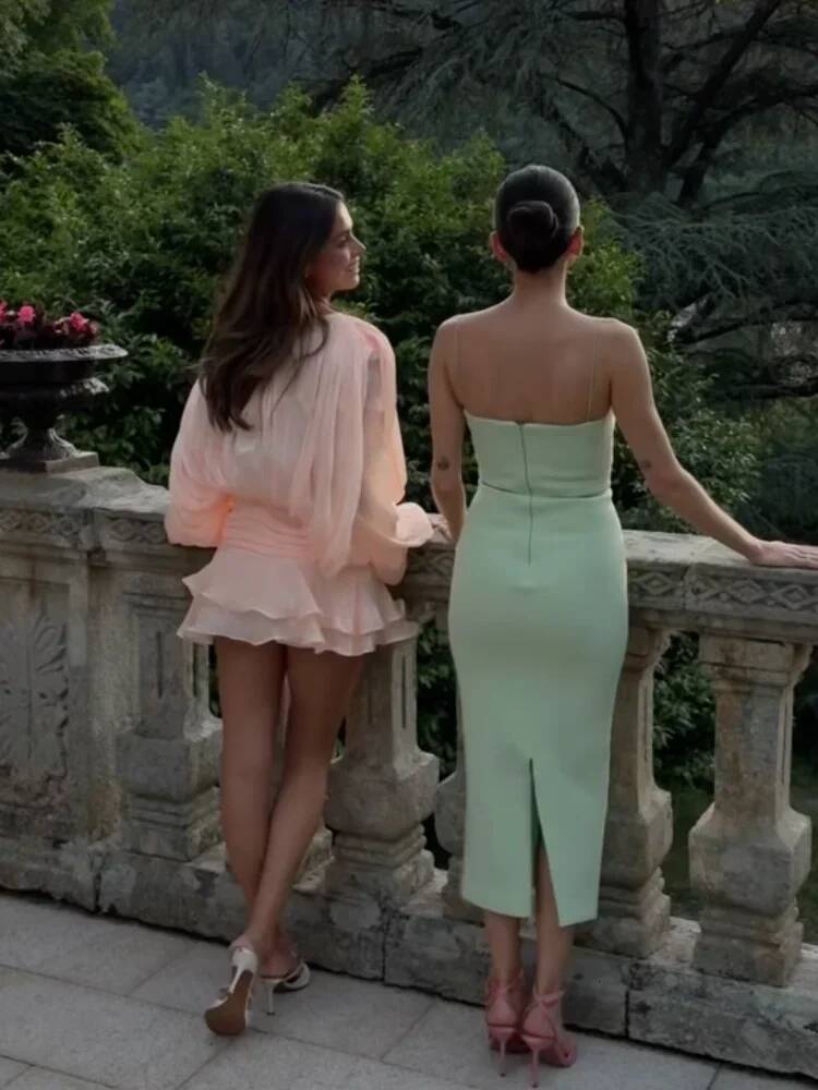 winter jacket women Elegant Pink pleated Mini Dresses Women A-line Bubble sleeve Lace Up Party Short Vestido New Dinner Lady Night Summer Gown