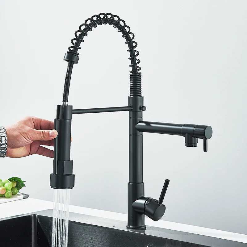 Rozin Black Spring Pl Down Kitchen Sink Faucet Deck Mounted Dual Spout Hot Cold Water Mixer Tap CraneSingle HandleSUS 304 Y251104