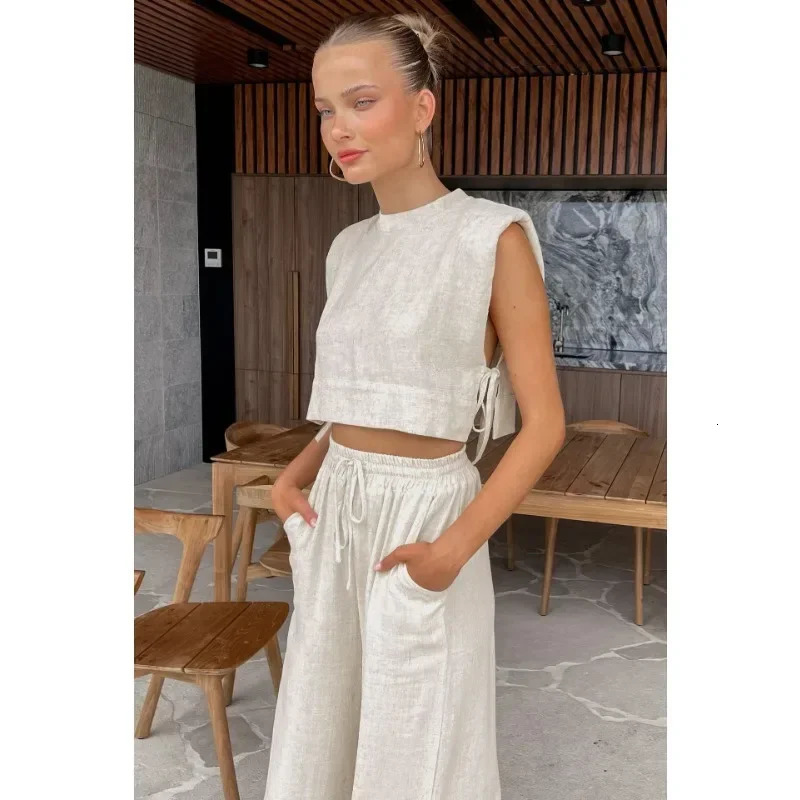 Womens Cotton Linen Pants Set Womens Summer 2-piece Lace Top Crop Top Vacation Elastic Waist Loose Top Pants Set Womens 250401