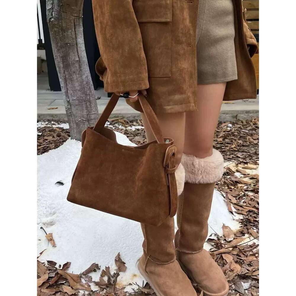Ins Chic Elegant Design Coffee Solid Color Winter Tote Nubuck Leather Women Single Shoulder Bag Mattte Cowskin Female Handbag