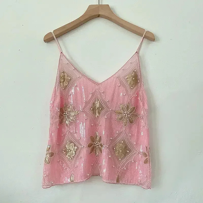 Womens summer high-quality sequin bead sexy pendant ultra-thin suitable for short V-neck straight vest 250403