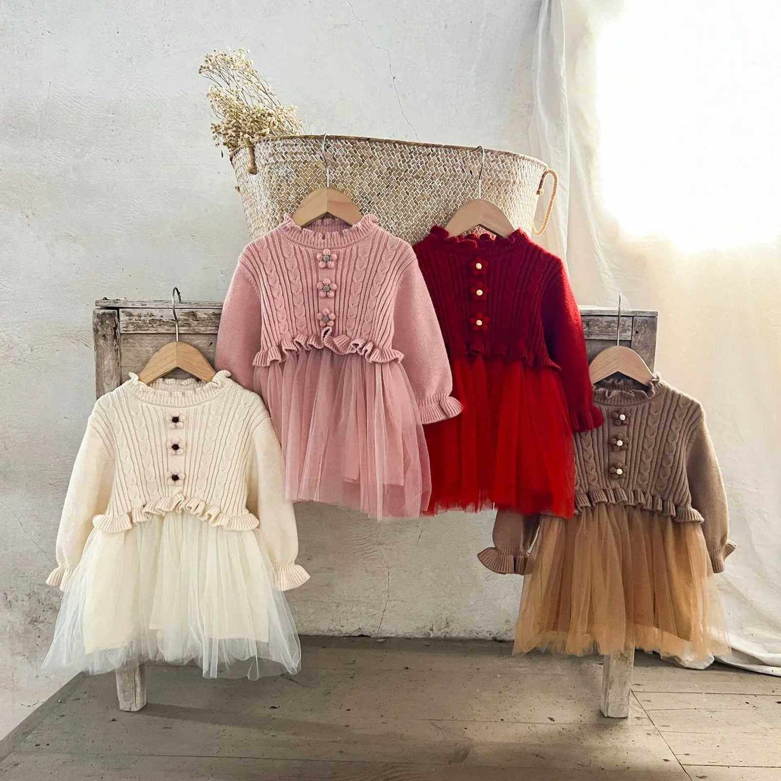 Ins Korean Version of Girls Baby Pure Cotton Woolen Mesh Dress Autumn and Winter Sweaters for Children Princess Dress Y251105