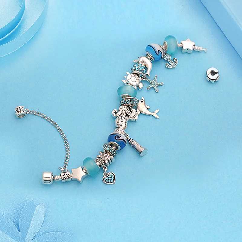 Classic Design Dolphin Charms Bangles for Women Jewelry Gift Blue Murano Crystal Glass Diy Beads C251105
