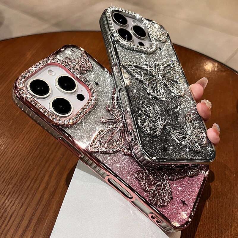 Women Girl's Dia Butterfly Phone Case for iPhone 11 12 13 14 15 Pro Max 16 Plus Transparent Plating Soft Silicone Cover