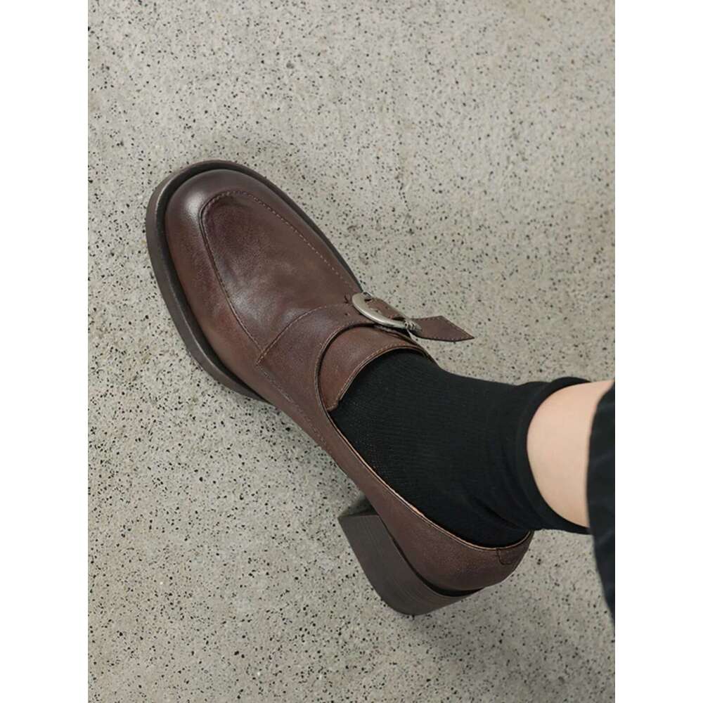 British Style Metal Belt Buckle Small for Women Thick Designer Shoe Round Toe Platform High Heel Loafers Soft Leather Single Shoes
