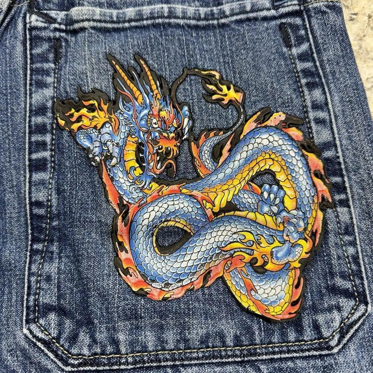 Y2K retro streetwear dragon pattern patch work denim shorts mens hip-hop blue loose Jorts fitness casual shorts 250403