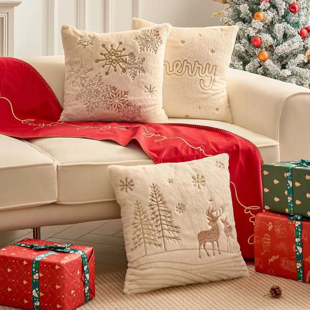Simple Christmas Embroidered Beige Pillowcase Cojines Plush Winter Sofa Cushion Cover 45x45cm Headboard Pillowcases Decor Home Y251105