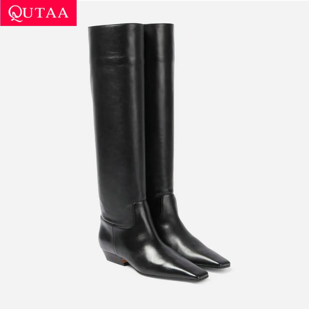 QUTAA 2025 Fashion Women Knee High Boots s Genuine Leather Mid Heel Square Toe Long Boots Winter Woman Shoes Black Size 3443 251031