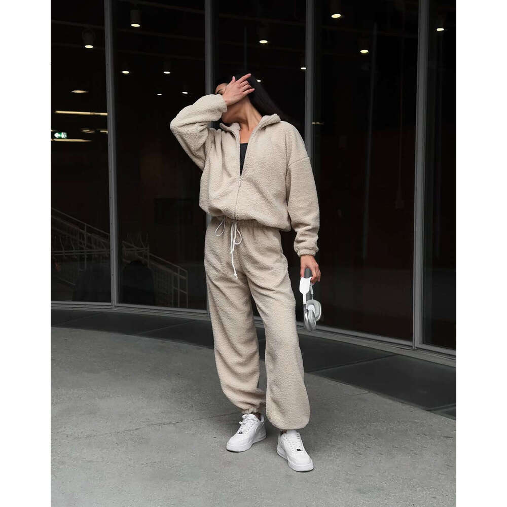 Cross-Border For Women, European American Style, Autumn And Winter New Sports Casual Fleece Cardigan Sweatshirt Set B5