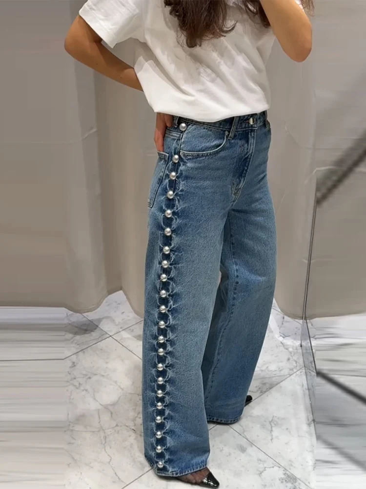 Street bead jeans for women fashionable Midi waist wide leg floor length springsummer fashion womens pants 250403