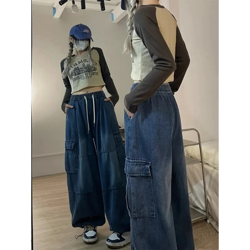 Retro blue commodity jeans womens bag denim pants oversized Y2K pleated hiphop street clothing Harajuku casual wide leg Trousers 250403