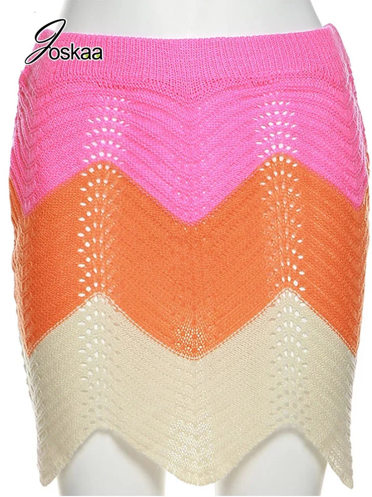 Joskaya striped knitted lapel short sleeved crop top mini skirt two-piece matching set womens clothing summer sexy club clothing 250401