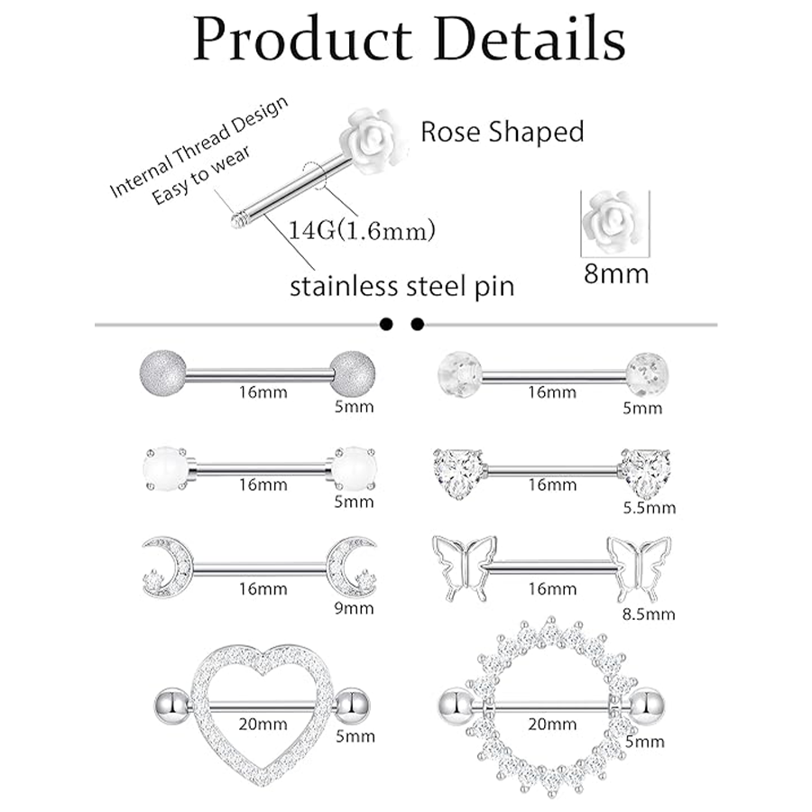 9 Pairs 14G Stainless Steel Nipple Rings Tongue Ring Straight Nipple Barbells Cute Butterfly Rose Opal Moon Heart CZ Body Piercing Jewelry for Women W