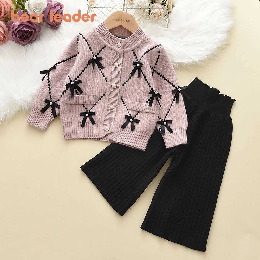 Bear Leader Bow Baby Sweatshirt Pants 2pcs Set New Children Knitting Outfit for 2-6Years Kids Tracksuit Winter Girls Clothes Y251105