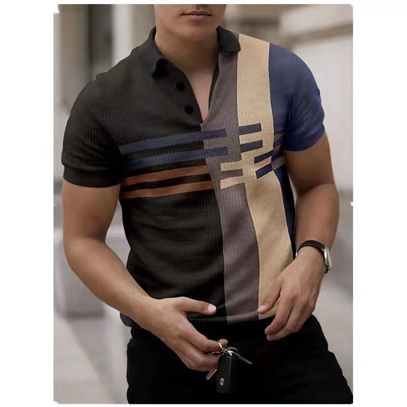 Summer new mens casual personality 3D printed buckle short sleeved casual polo