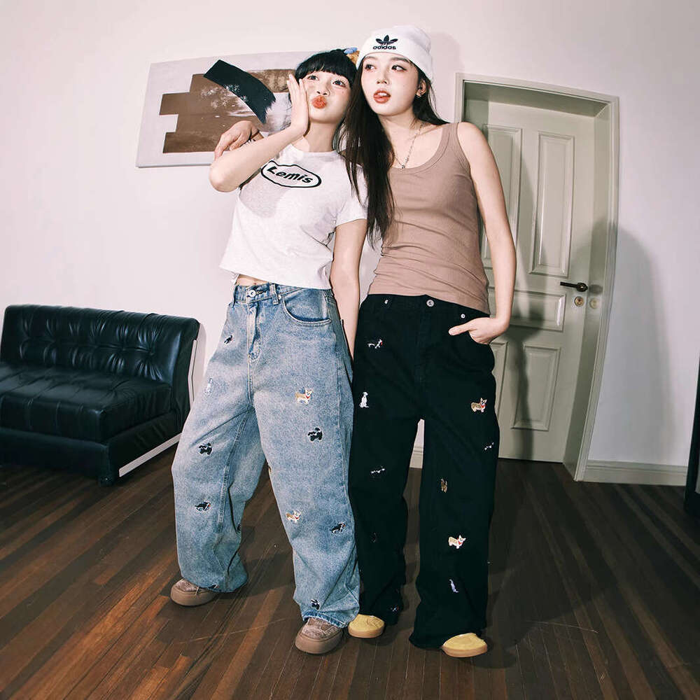 Cartoon Puppy Embroidery Fashion Jeans For Men, Fashionable Spring Couple Straight Pants, Loose Niche Casual Pants B5