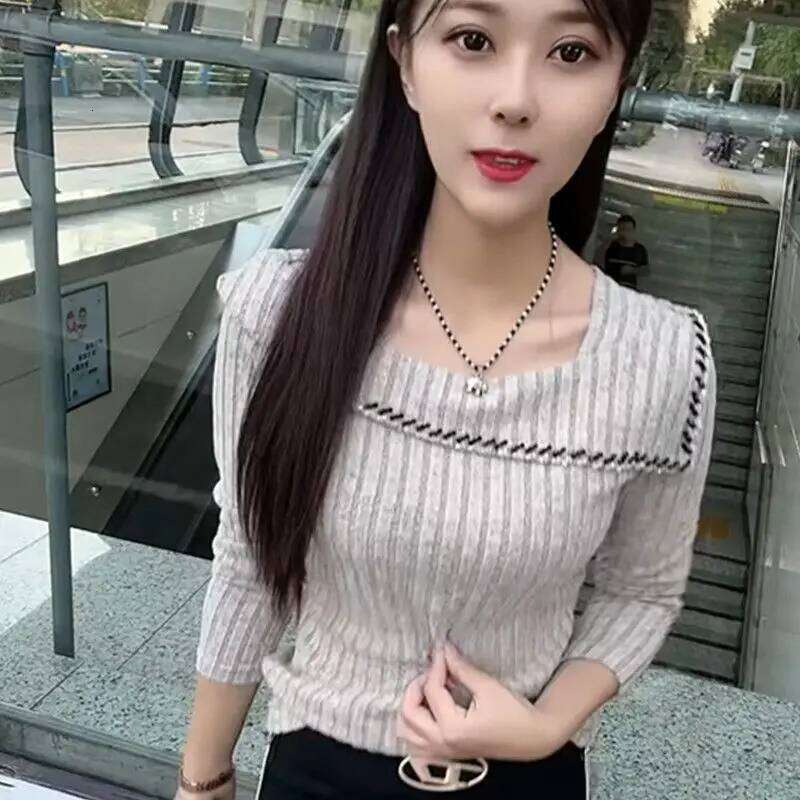 Women's Clothing Square Neck Pit Striped Long Sleeved Pullover Sweater For Women Autumn Winter Sexy Slim Fit Elegant Knitted Top Designer Sweater