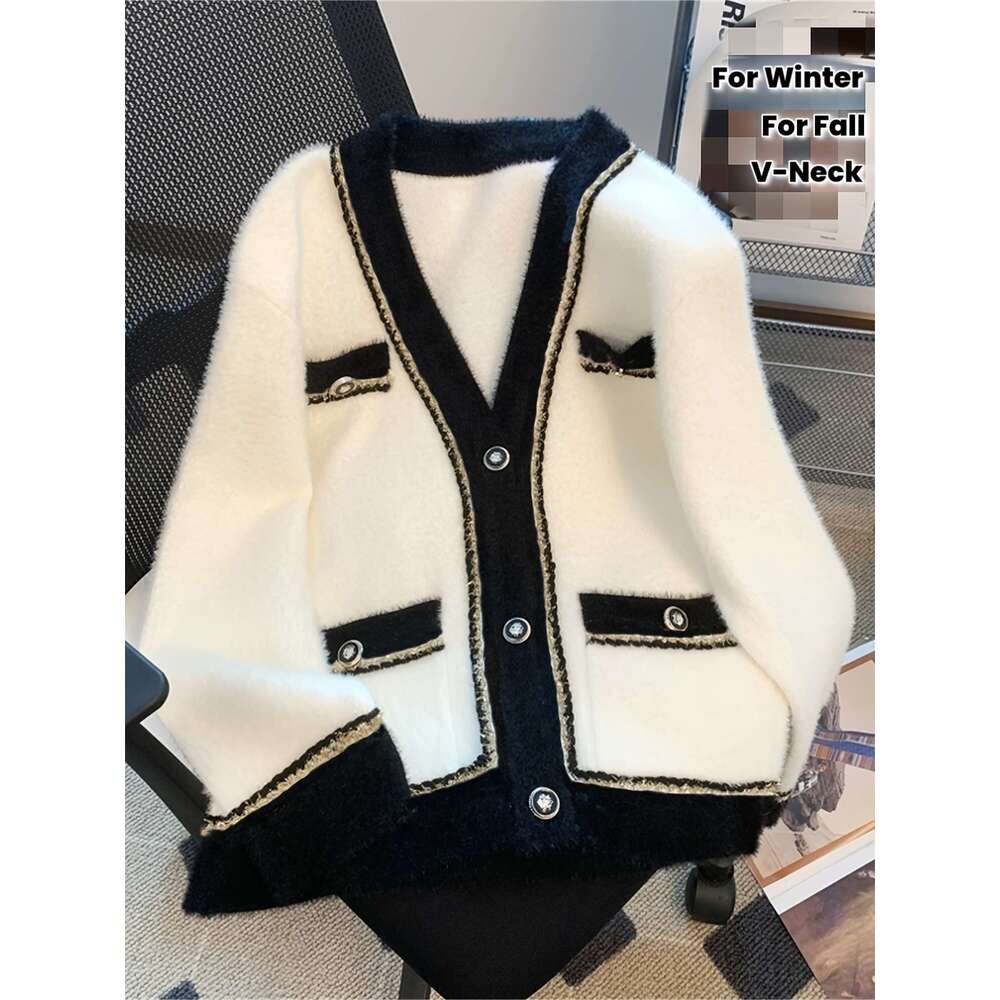 Elegant V-Neck With Button Details - Chic Faux Mulberry Fur Sweater Women, White & Black Contrast Design, Perfect For Fall/Winter, Cozy Cardigan