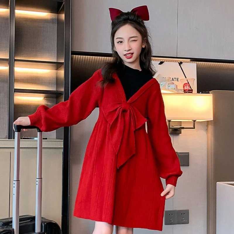2025 New Years Red Princess Knit Dress for Toddler Girls Stylish Autumn/Winter Elegant Woolen Outfit C251105