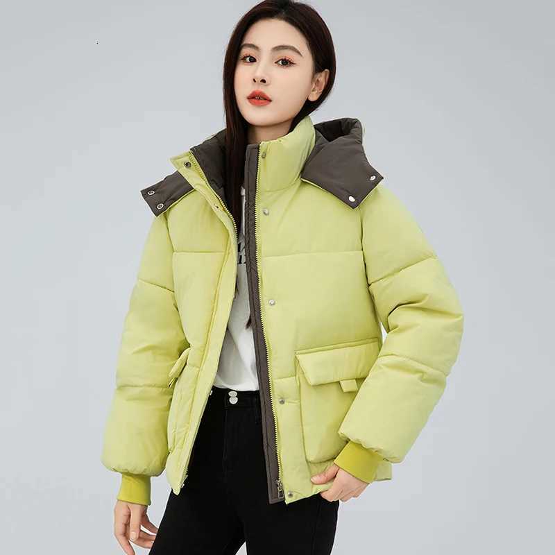 Fashion Mixed Color Stand Colalr Parkas Women Winter Warm Hooded Cotton Padded Jacket Woman Zip Long Sleeve Down Cotton CoatsT251105