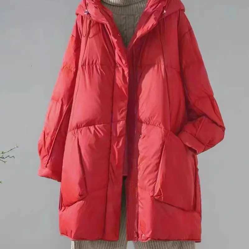 2024 New Winter Women 90 White Duck Down Jacket Casual Loose Over Size Warm Parka Female Drawstring Hooded Puffer CoatT251105