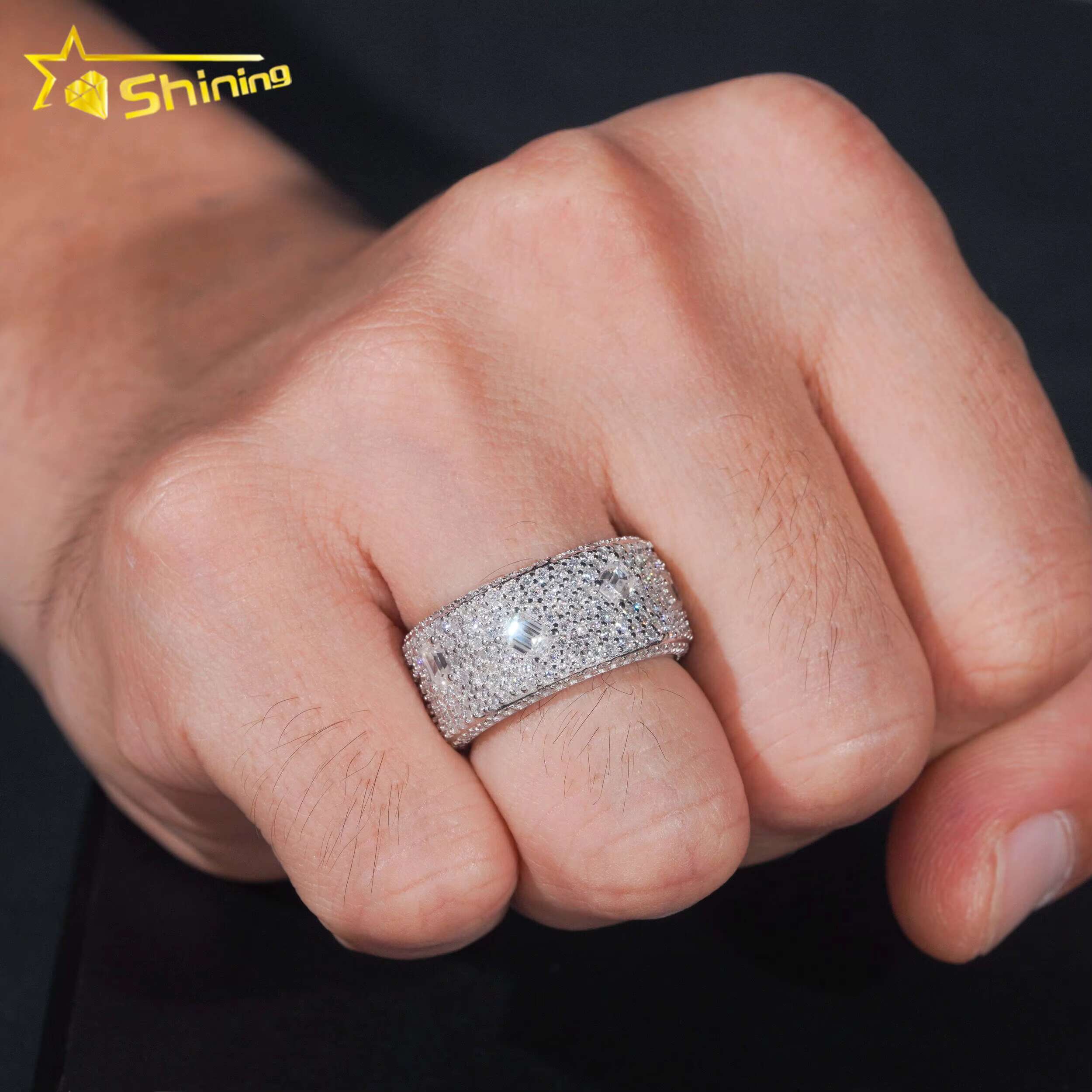 GRA Certificate 925 Sterling Silver Gold Plated Hip Hop Jewelry Baguette Fully Iced Band Rings VVS Moissanite Hip Hop Ring