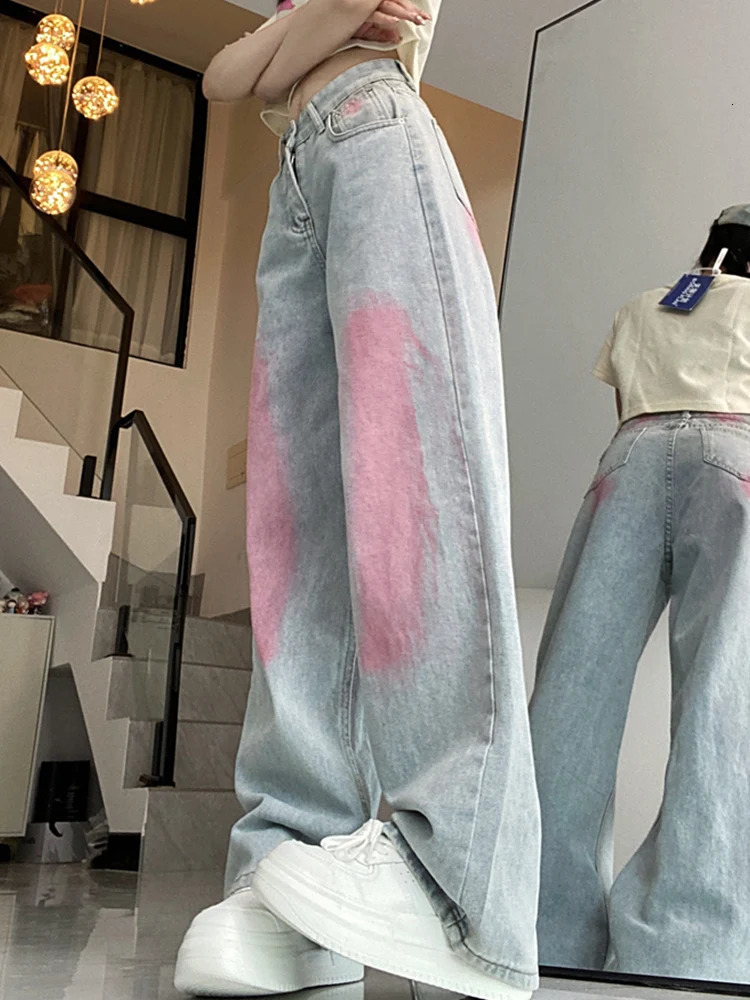 Womens straight leg bag Korean version graffiti jeans girls loose Y2K punk street clothing denim pants oversized wide mens 250403