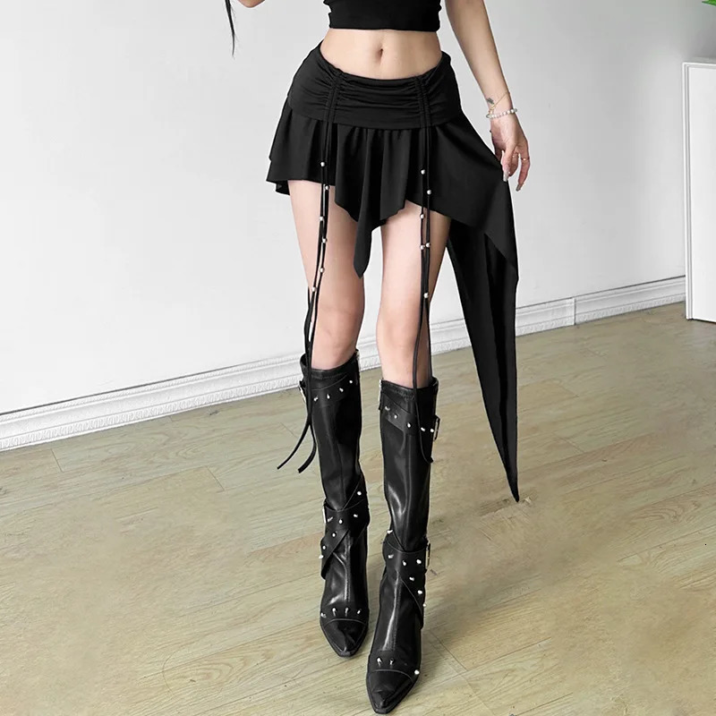 Goth Dark Mall Gothic straight waist drag mini skiing punk Grunge women irregular hem Aline chic Egirl Techwear Y2K 250324